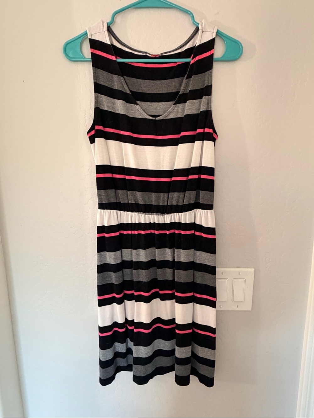 Cute black, gray, pink and white striped midi dress